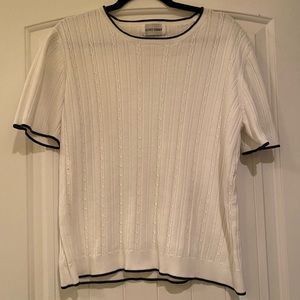 Alfred Dunner White and Navy Trim Faux Knit Shirt